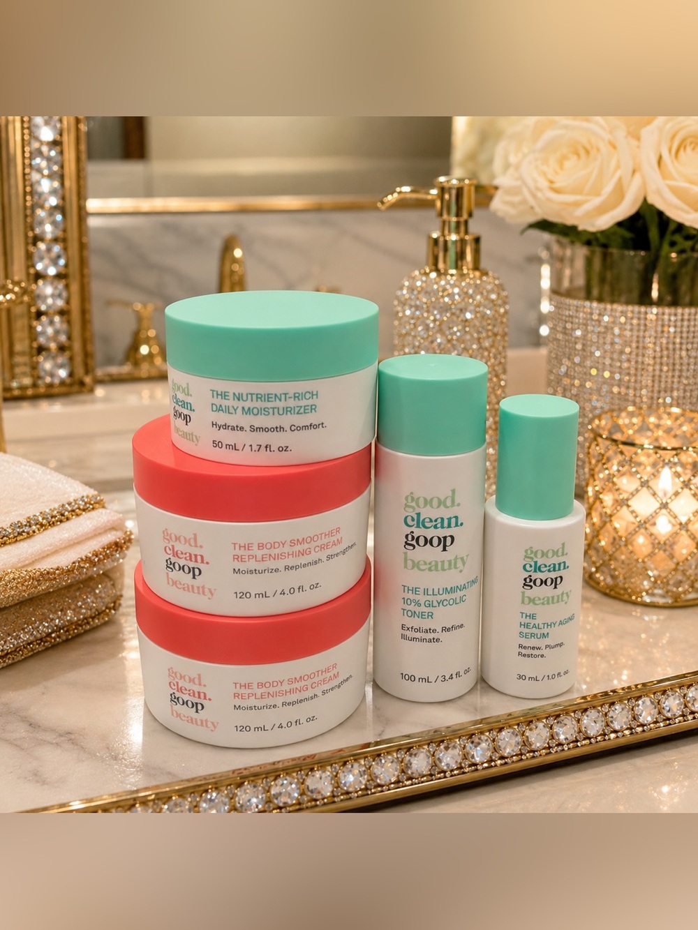 good.clean.goop 5pc Skincare Bundle- Serum, Moisturizer, Toner, 2 Body Smoother